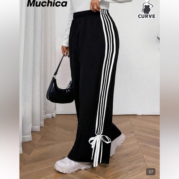 SHEIN Pants - SHEIN 4X elastic waist Black Wide-Leg Track Pants with Side Stripes and Ties